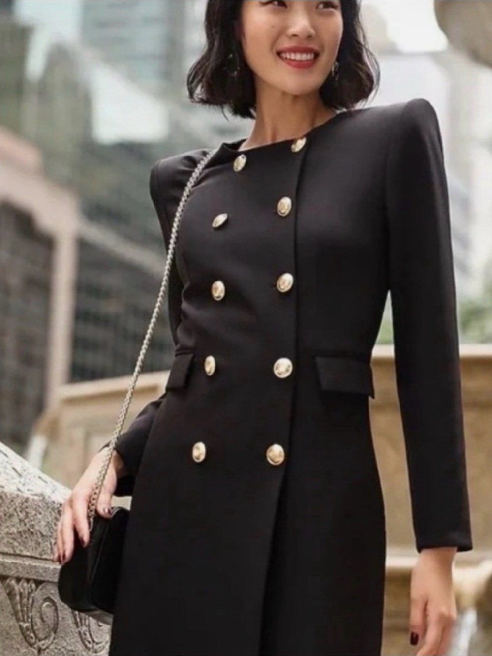 Express Black Double-Breasted Tailored Dress with Gold Buttons - Picture 2 of 8